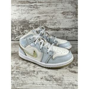 Toddler Nike Air Jordan 1 Mid SE 'Glitter Swoosh' Blue/White Sneakers Sz 9C